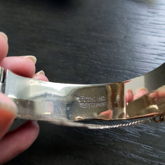 Vintage FORSTNER Black Silver Sterling Floral Hinged Engraved Bangle Bracelet - Picture 3 of 8